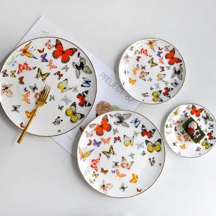 Colored dinner plate butterfly bone china dinnerware gold ceramic charger plates for wedding