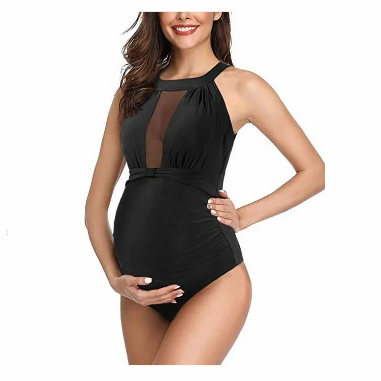 Europe and the United States maternity swimsuit solid color all-in-one wide pleats drag belly bikini
