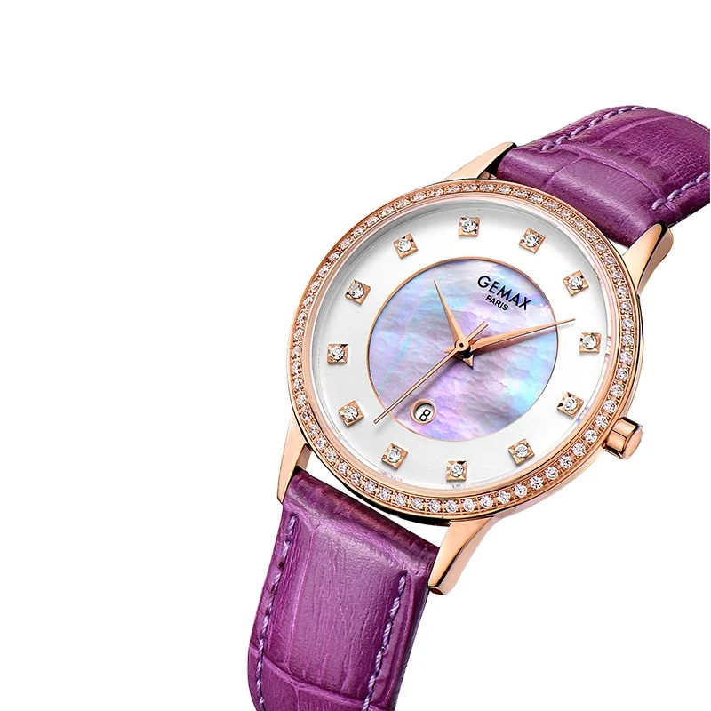 Charming Purpul fashion casual lady watch wholesale leather strap stainless steel quartz women wristwatch