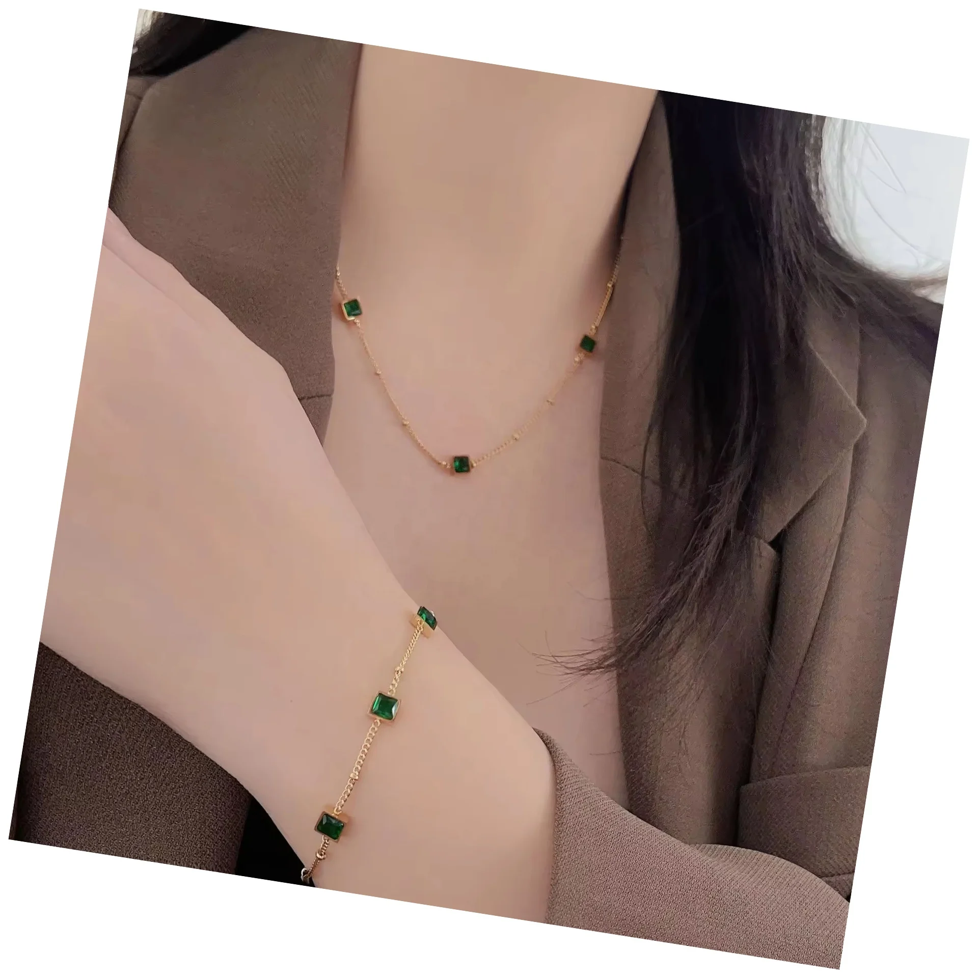 18K PVD позолоченный браслет из нержавеющей стали набор с изумрудно-зеленым циркониевым стальным фианитом Модные женские ювелирные изделия ожерелье для подарков