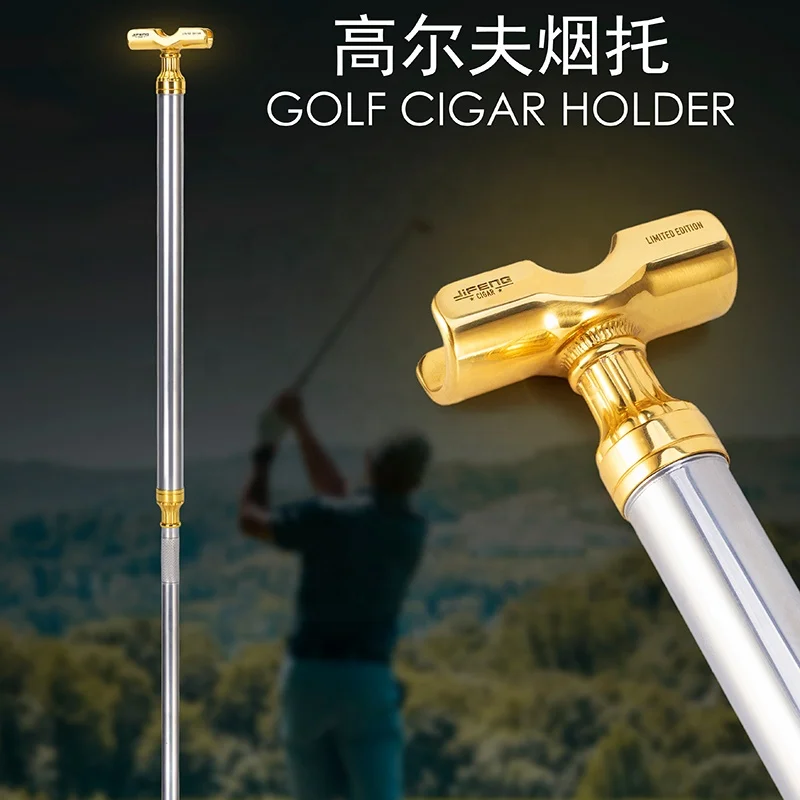 JIFENG JF-GEF002 304 stainless steel  brass metal multi-functional climber stick golf cigar holder with punch, lighter, tube