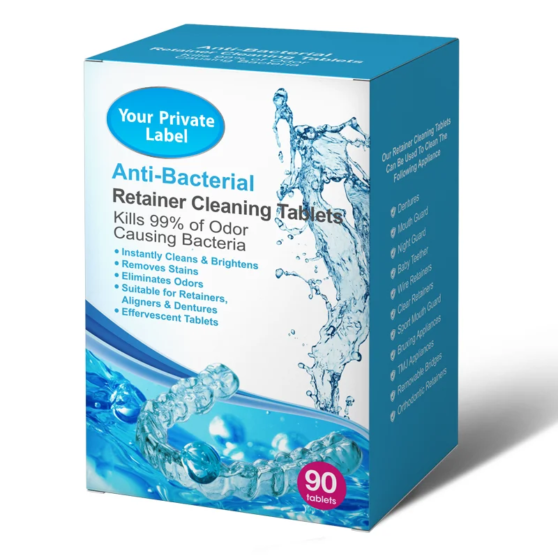 Retainer Cleaner denture cleaning tablets Removes Odor & Plaque 2.8g tablet blue white color
