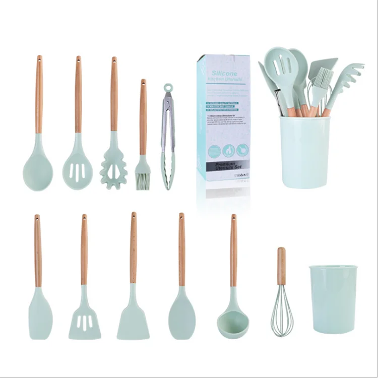 
Kitchen utensils set wooden handle handle non-stick pan shovel spatula spoonful organic silicon kitchen utensils 12 pieces 