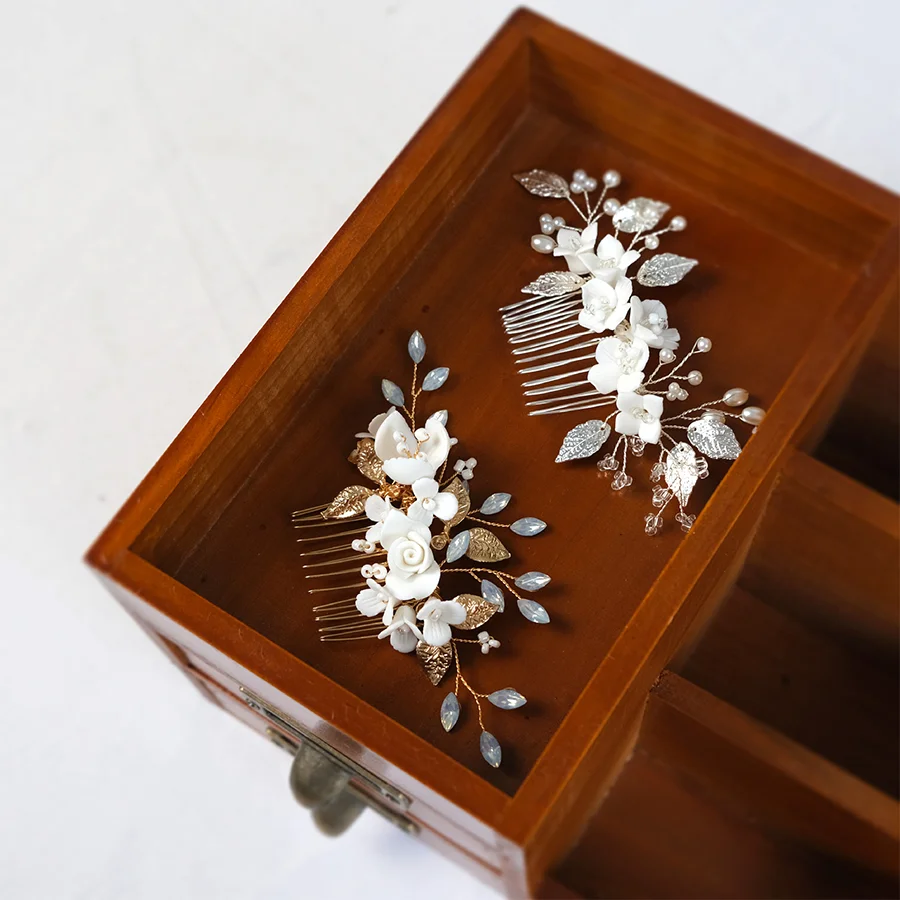 Romantic wedding dress plate hair comb handmade soft pottery pearl hairpin bridal headdress hair accessories