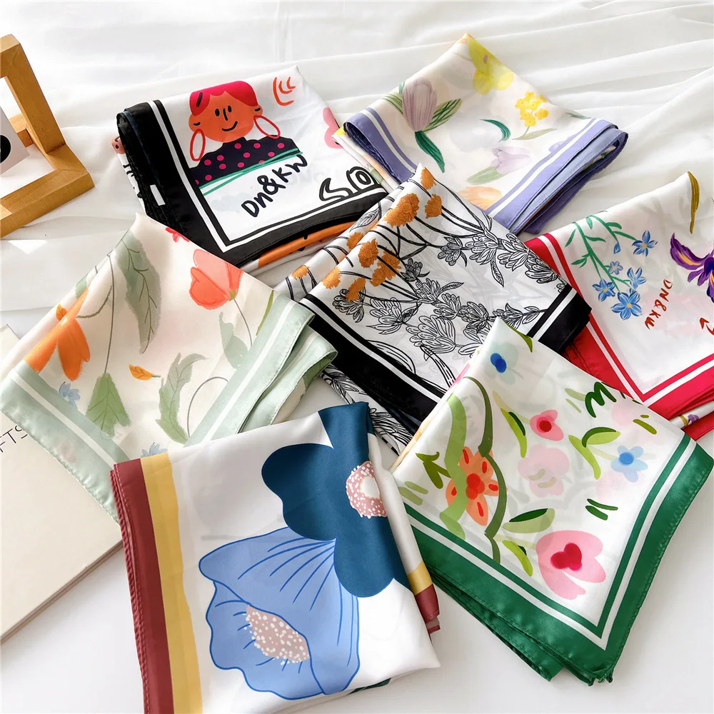 Bandana Custom square Satin Head Luxury Brand Flower Leaves Print on Silk Scarf Digital Printing Scarf for Women Silk Scarf