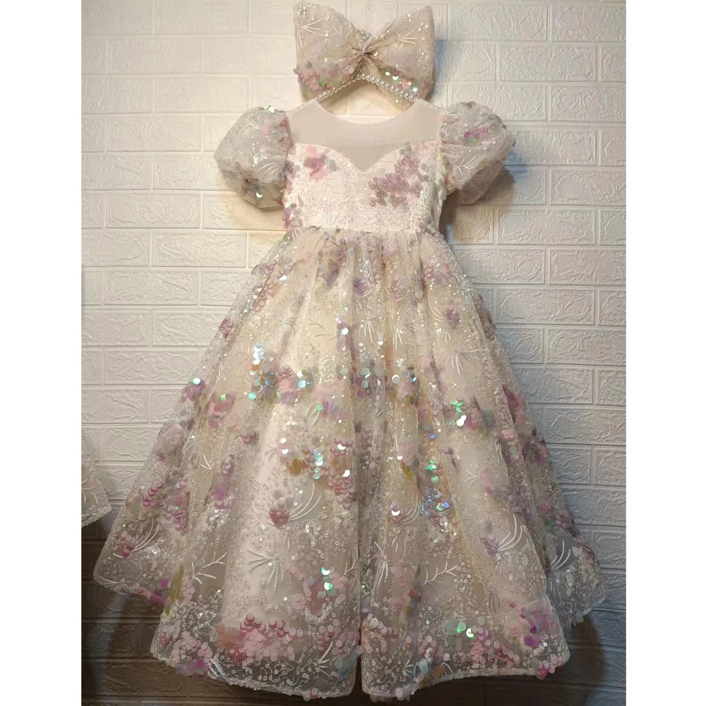 Summer Sequined Flower Girls Princess Puff Sleeve Maxi Evening Dresses Kids Performance Party Wedding Ball Gowns