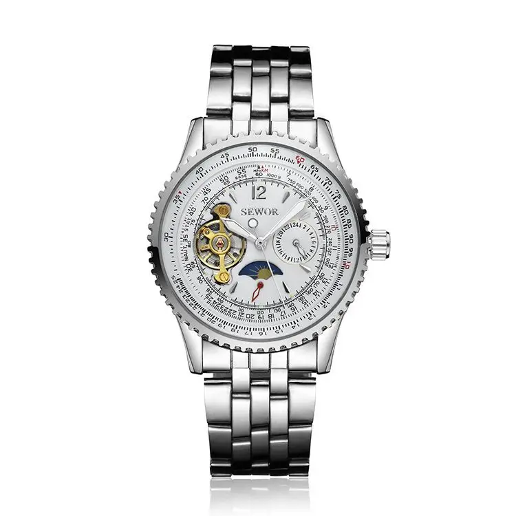 SEWOR 625 Luxury Stylish Men Mechanical Watch Vive Leather Strap Flying Tourbillon Watch Moon Phase 24 Hour Business Wrist Watch