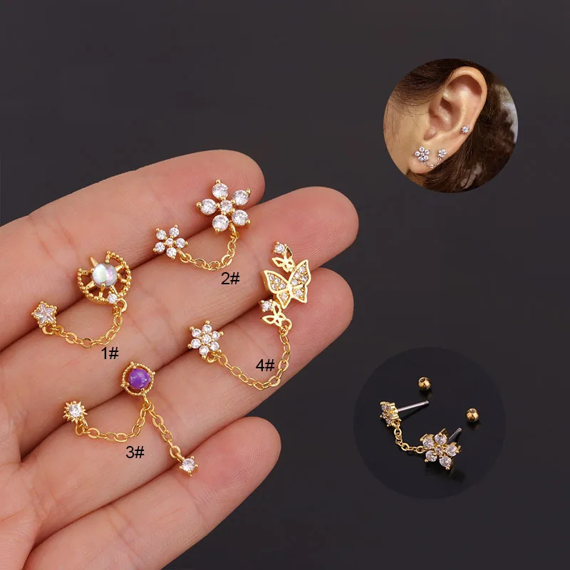 
Butterfly CZ long tassel chain double piercing small hoop earring with white rainbow cz Jewelry 