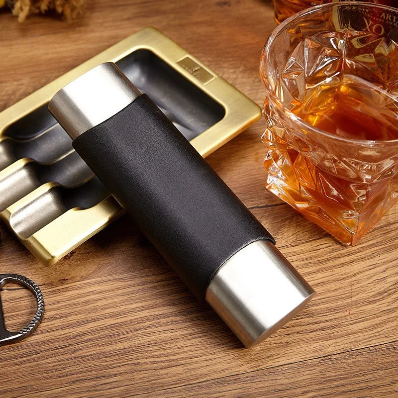 Portable Travel Genuine Leather Cigar Case With Stainless Steel Cigar Humidor Holds 2 Pcs Cigar Tube