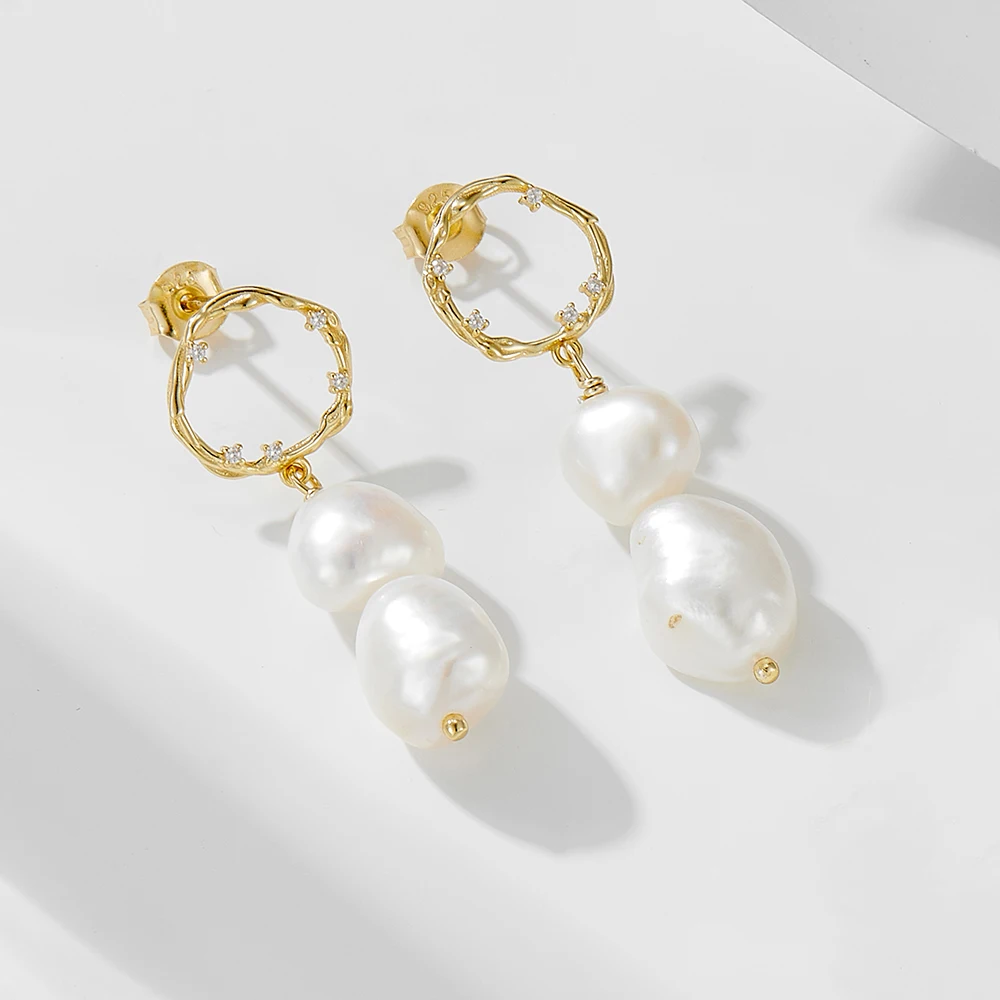 KE5379  925 Sterling Silver 14k Gold plated real freshwater pearl drop earrings Baroque Pearl Earrings for Women Wholesale