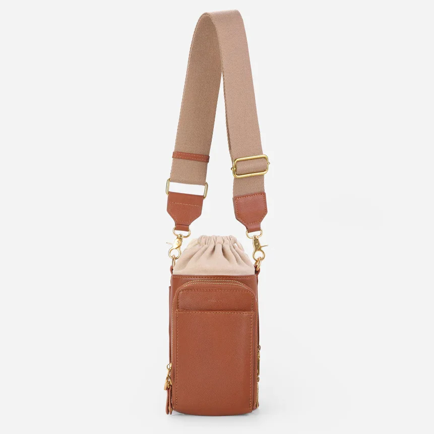 Custom Waterproof Sport Leather Sling Bottle Holder Handbag Drawstring Water Bottle Crossbody Purse Bag With Pocket