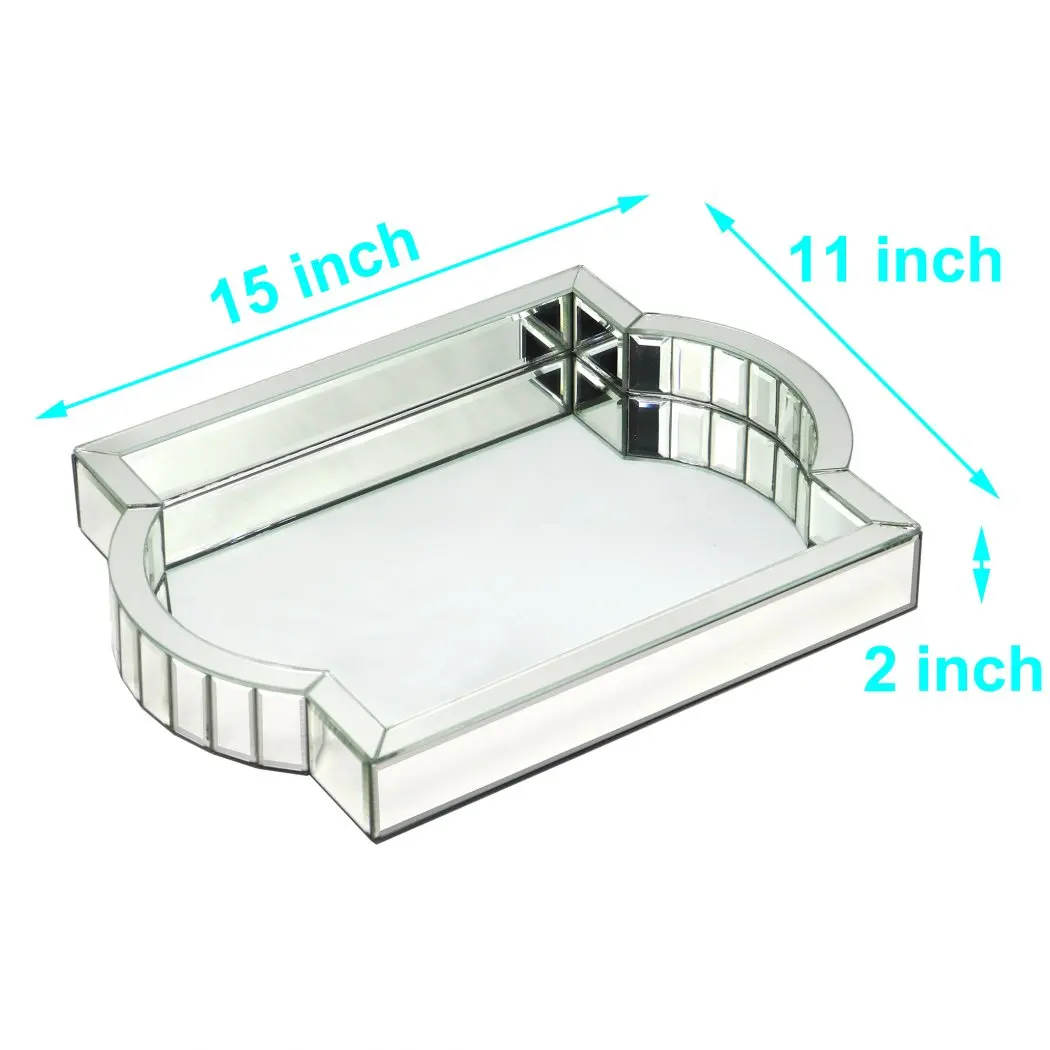 Silver Mirror Tray Bling Decorative Mirror Organizer Arc-Shaped Mosaic Mirror Handle Vanity Tray Coffee Table Serving