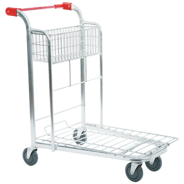 KAIJIA 2-tier metal folding shopping cart warehouse transport steel cargo logistic trolley flat trolley
