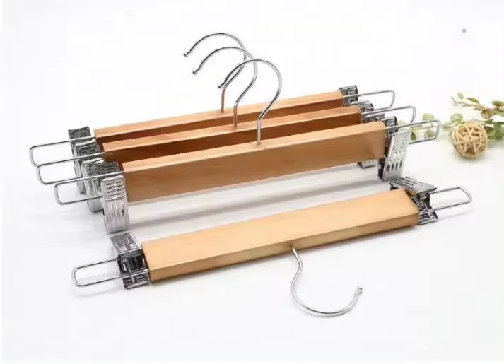 Nature Wooden Pant Hanger Wooden Suit Hangers With Steel Clips And Hooks Standard Clothes Hanger