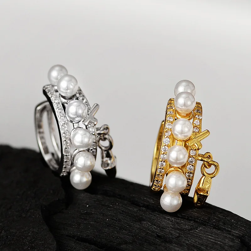 E5261 New Chinese ethnic minority S925 sterling silver shell pearl ear clip female without ear piercing National texture ear