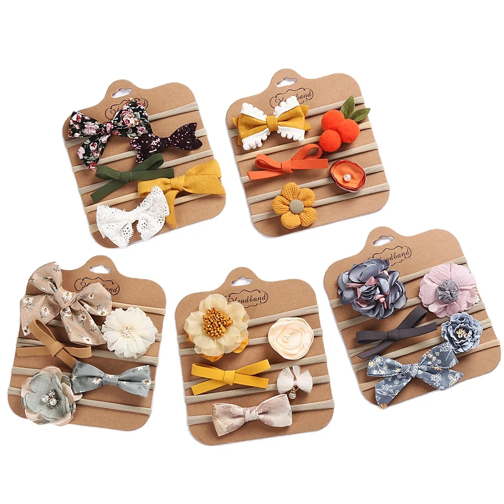 Wholesale Fashion Hairwear 5pc/set Artificial Fabric Flower Bow Baby Headbands Elastic Hairband Newborn Gift Photo Props