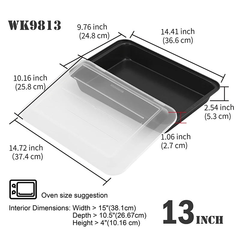 CHEFMADE Bakeware Black Non Stick 13inch Rectangle Baking Mold Mould Cake Pan With Plastic Lids