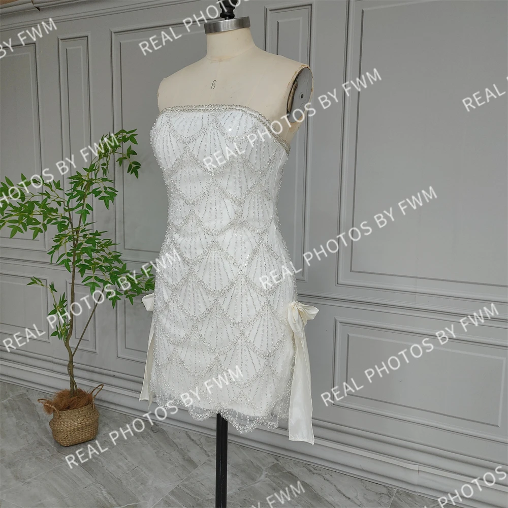 100% Real Photos High Quality Strapless Beaded Lace Mini Wedding Dress With Bow Elegant Sequins Bride Party Dress For Women 2025