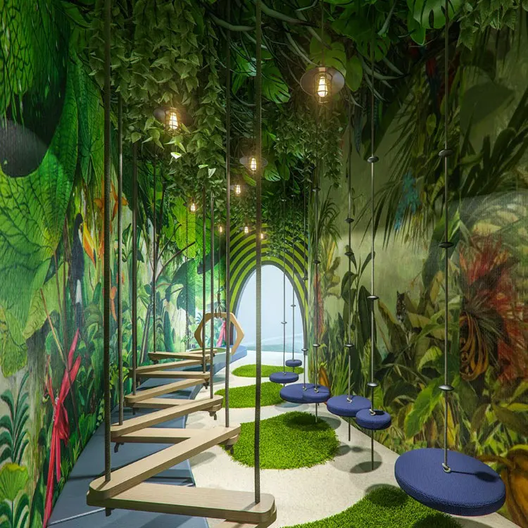 Woods forest theme fun children amusement park party commercial rental kid climbing blocks ninja course wooden indoor playground