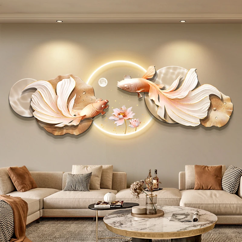 Modern simple style Living room decoration with Led lotus and lucky koi fish crystal porcelain surface wall decor