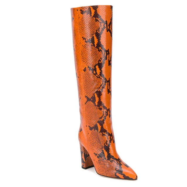 
Pointed Toe Thick High Heel Large Size Knee-length Boots Snake Print PU Boots OEM Sexy One-step Boots 