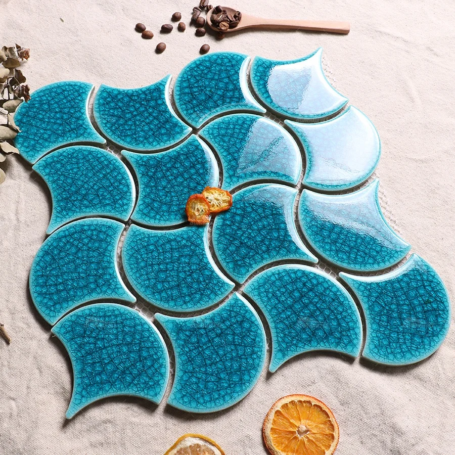 Bathroom Shower Backsplash Wall Fish Scale Tile Ice Crackle Glossy Cheap Swimming Pool Tile Ceramic Glazed Fan Shaped Tile