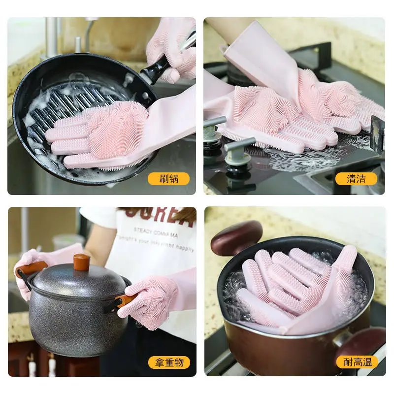 Reusable Waterproof Household Cleaning Silicone Gloves Non-slip Silicon Glove Magic Dishwashing Gloves With Scrubber