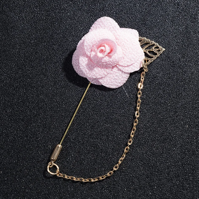 Promotional tassel chain hand made fabric rose flower brooch lapel pin for groomsmen
