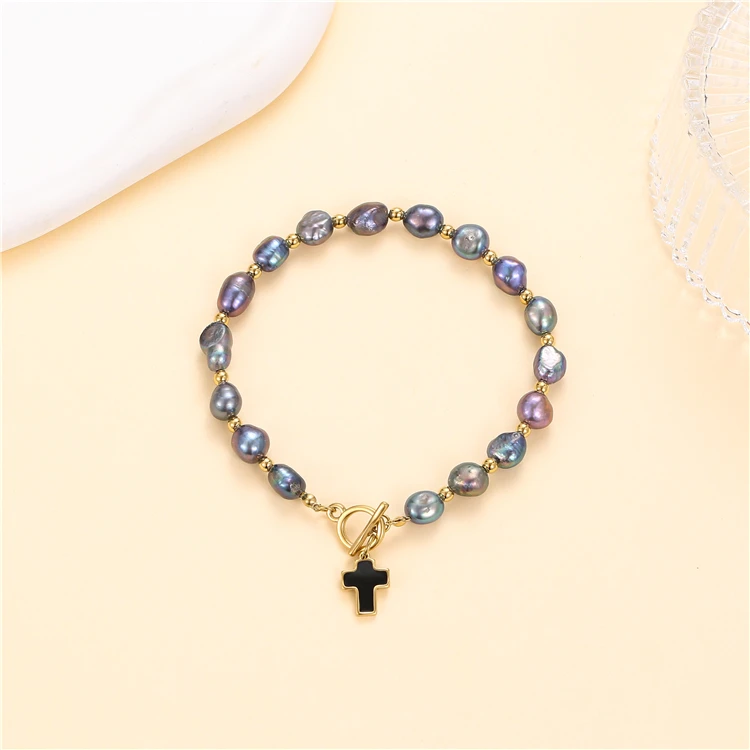 Bead Bracelet Set Stainless Steel Gold Plated Non-fading 18k Punk Jewelry Black Natural Freshwater Pearl Gift