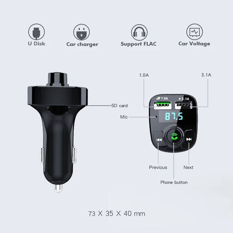Bt Car Hands-free Wireless Fm Transmitter Qc Charger Dual Equipped Usb Player Car Radio Mp3 Player 2 USB Port, 1&3.1 3 Year