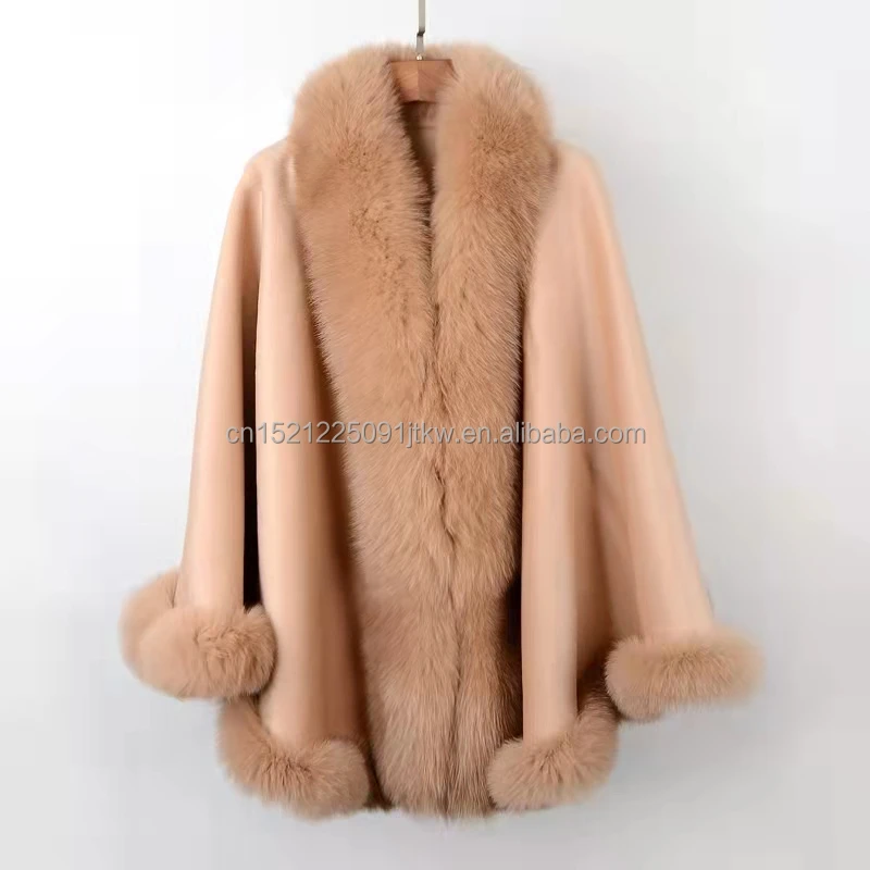 2021 winter  Women  fashion wool  poncho   cashmere  fur  Shawl  Fox  fur trimming  wool  Poncho