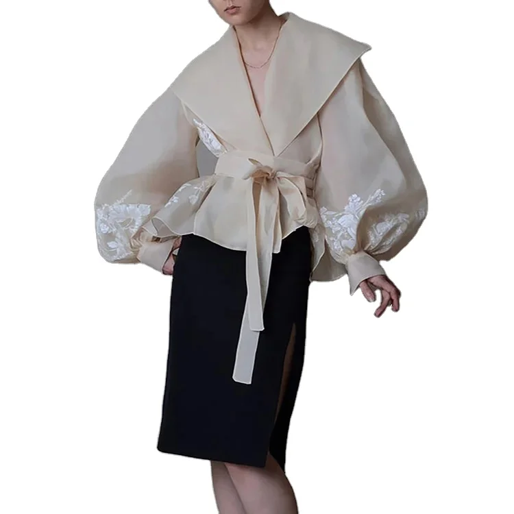 TWOTWINSTYLE Colorblock Patchwork Lace Up Shirts Lapel Lantern Long Sleeve Embroidery Blouse For Women