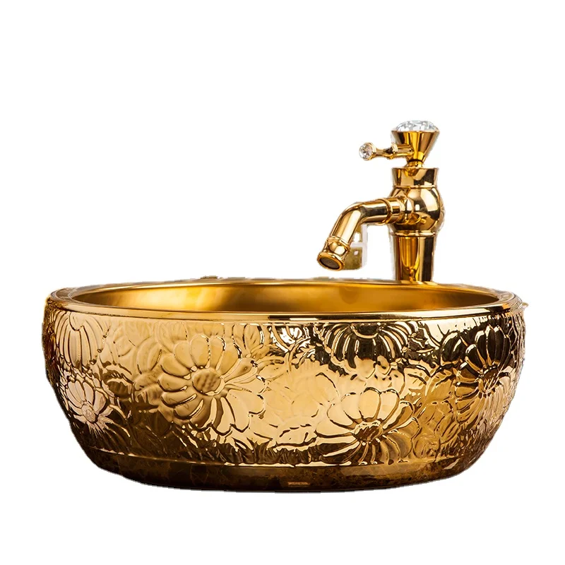 Luxury Gold color Jingdezhen Ceramic Sanitary Ware Countertop Relief Flower Pattern Bathroom Sink Porcelain Hand Wash Basin