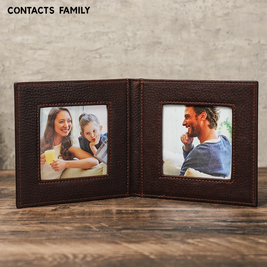 Vintage Genuine Leather Double Picture Frame Opening Folding Two Pictures Family Photo Tabletop Frame Stands Vertically