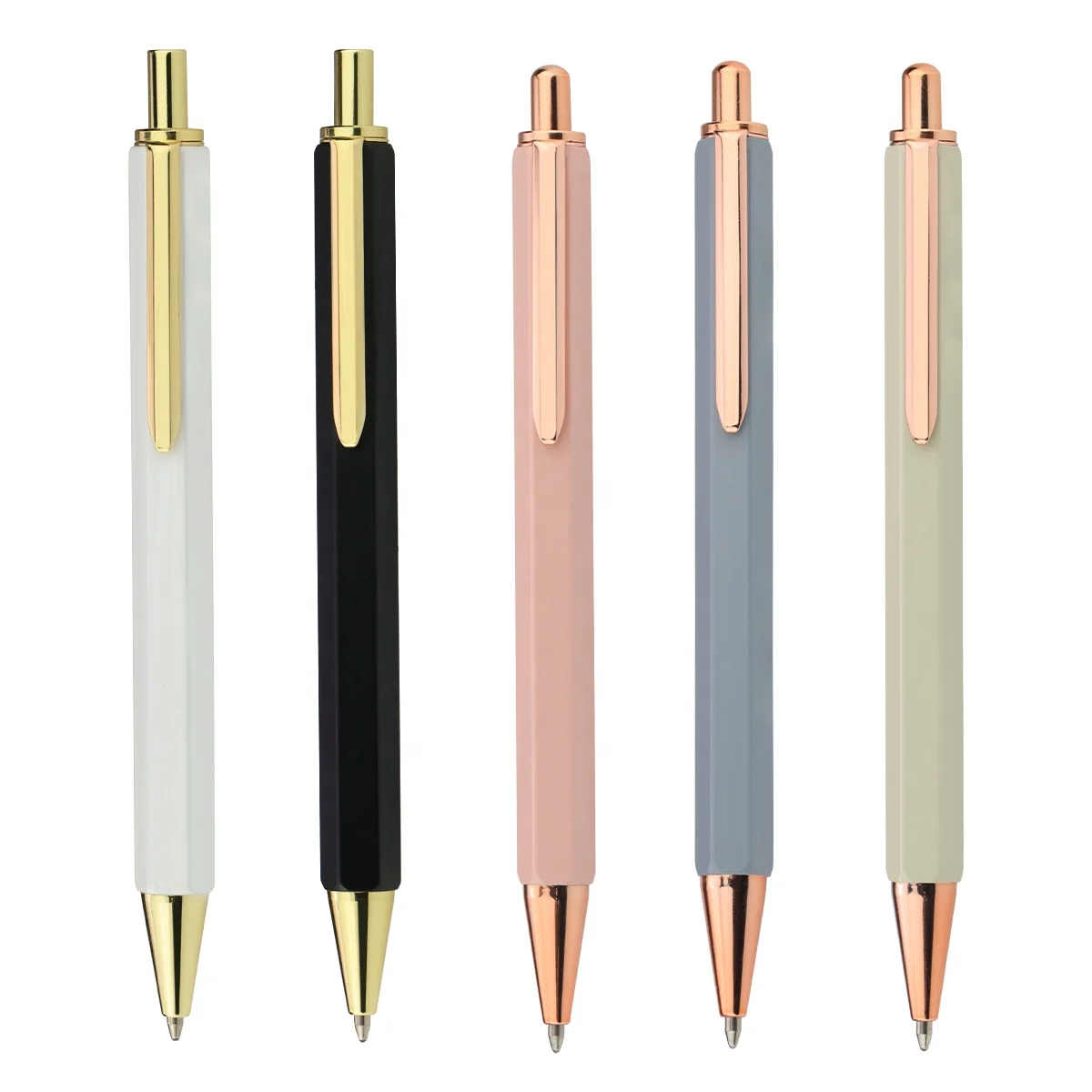 Custom logo projector hexagonal click metal ball pen wholesale products office advertising logo pen with gold trims