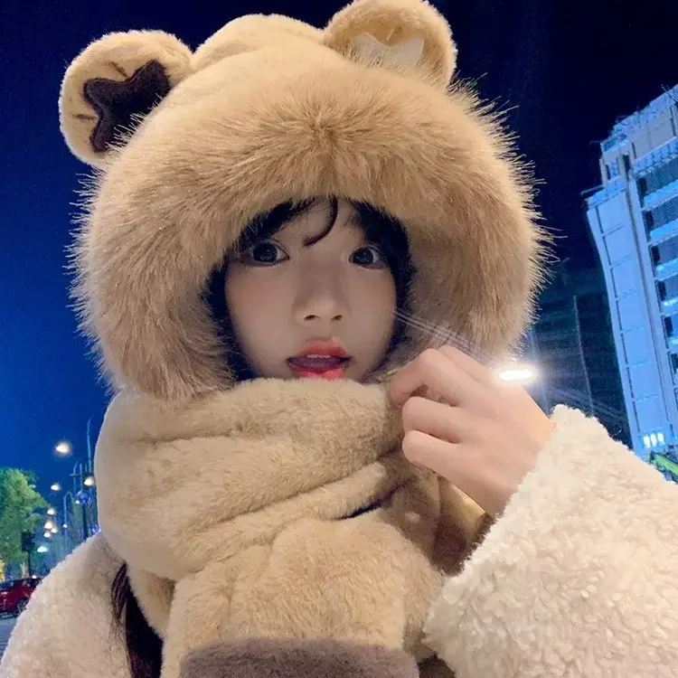 Wholesale factory plush hat autumn and winter scarf hat overall plush girl super cute ear protection plush animal bear hat