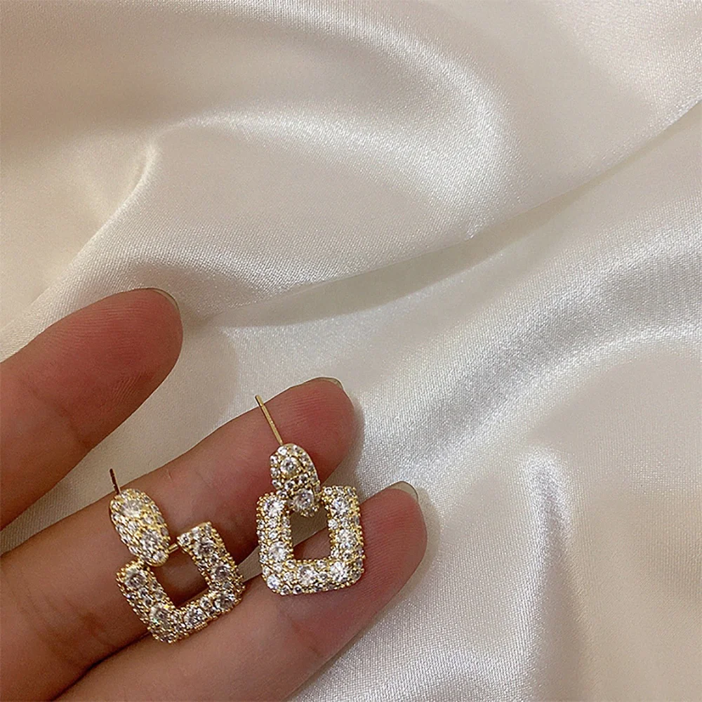 French vintage full diamond 925 sterling silver real gold plated square micro inlay shiny zircon stud earrings for women jewelry