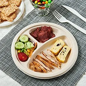 BIOSANO Custom Sugar Cane Fibers 10 Inches 3 Compartment Parties Wedding Special Events  Bagasse Food Container Round Trays