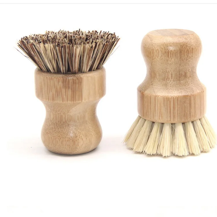 Wholesale Natural Scrub Washing Pot Brush Bamboo Wooden Sisal Falm Fiber Pot Dish Brush for Kitchen Cleaning Brush Set