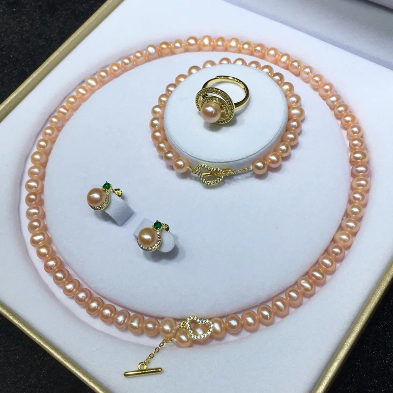 SINOCRE Sinocre Jewelry Natural Freshwater Pink Real Pearl Necklace Earrings Bracelet Ring Pink Pearl Jewelry Set
