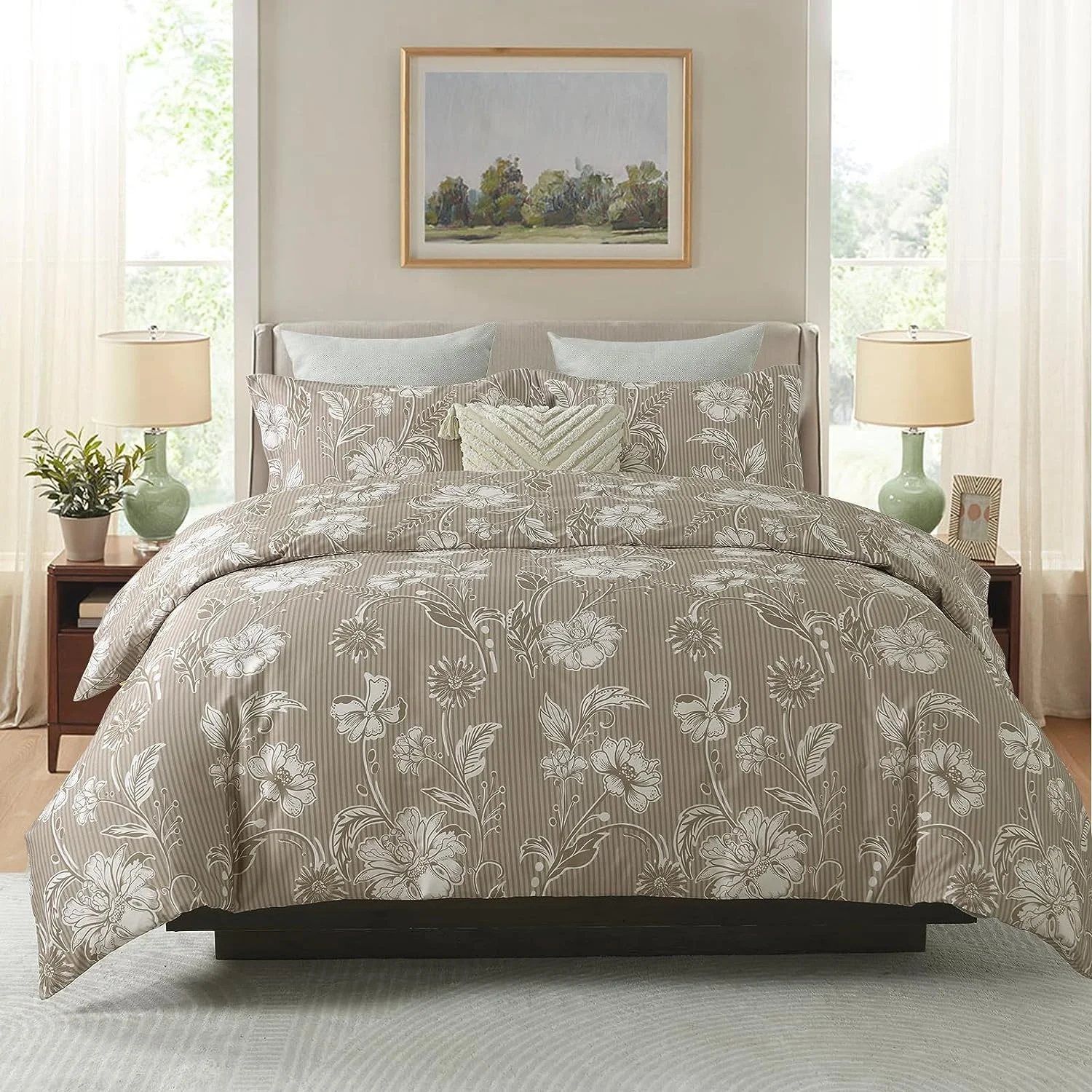 ALPHA TEXTILE Flower Bedding Duvet Cover Queen 100% Cotton Taupe Duvet Cover Set with Zipper