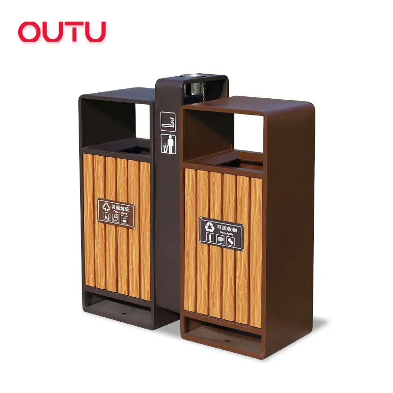 Outdoor Recycling Trash Can with Durable Litter Bin Plastic Wood Outdoor Double waste bin with ash try