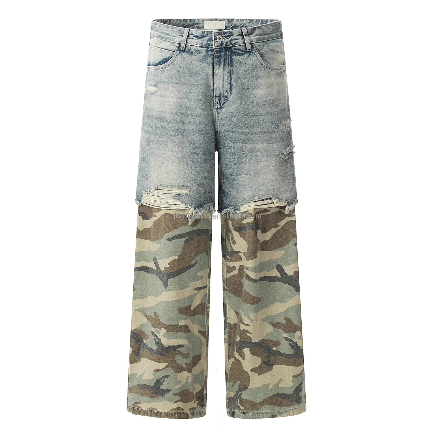 Custom camouflage denim pants trousers bottom torn wash camo double layer 2 in 1 jeans for men