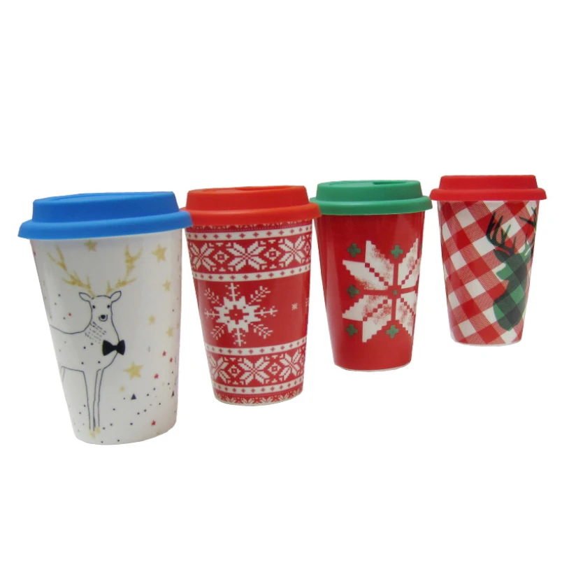 Christmas printing cheap price custom ceramic travel mug with silicone lid and sleeve