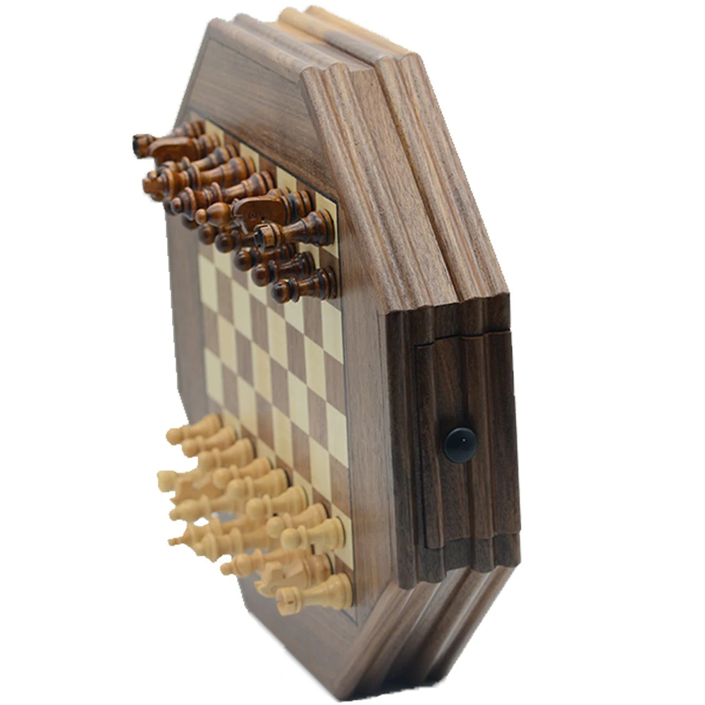 Factory Direct Sales Octagonal Wooden Chess Set Magnetic 35*35*6.5cm Chess Portable Chess Games