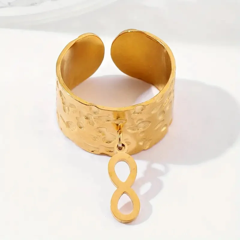 Custom 18K Gold Plated Life Tree Infinite Mobius Charm Finger Rings Stainless Steel Hammer Wide Open Ring Jewelry OEM/ODM