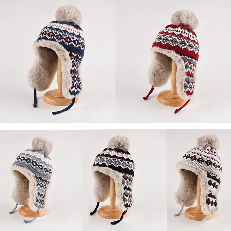 Winter Cycling Pom Hat With Warm Faux Fur Earmuffs Thick Plush Windproof Ear Protection Knitted Beanies Ski Cap Designer Logo