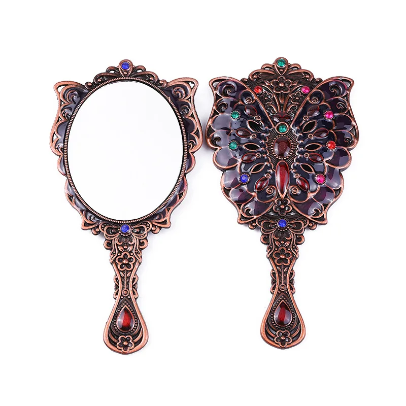European metal handle mirror alloy palace peacock mirror retro portable vanity cosmetic mirror factory direct sales
