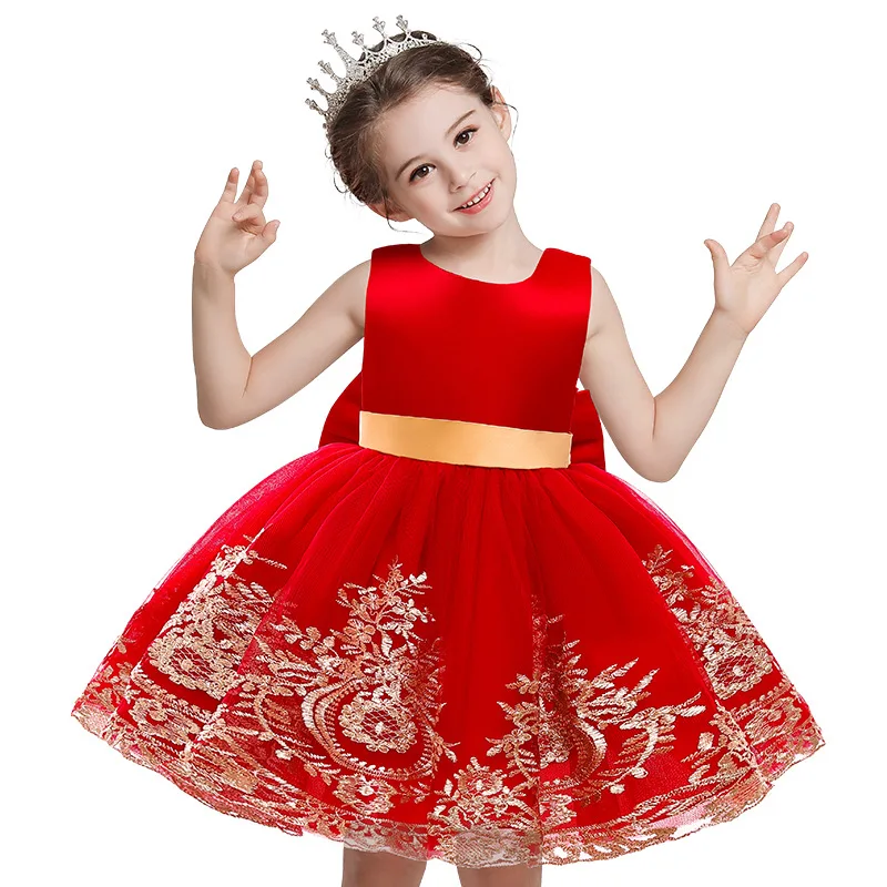 model red yellow lace luxury evening pageant wedding party holiday up ball gown baby girl dress for 4 6 year old kids beby