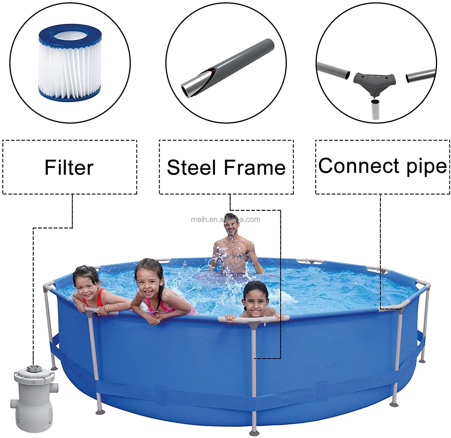 Hot Sale Stock Outdoor Metal Frame Above Ground 16ft Round Swimming Pool 8 People with Easy Set-Up include Pump ladder